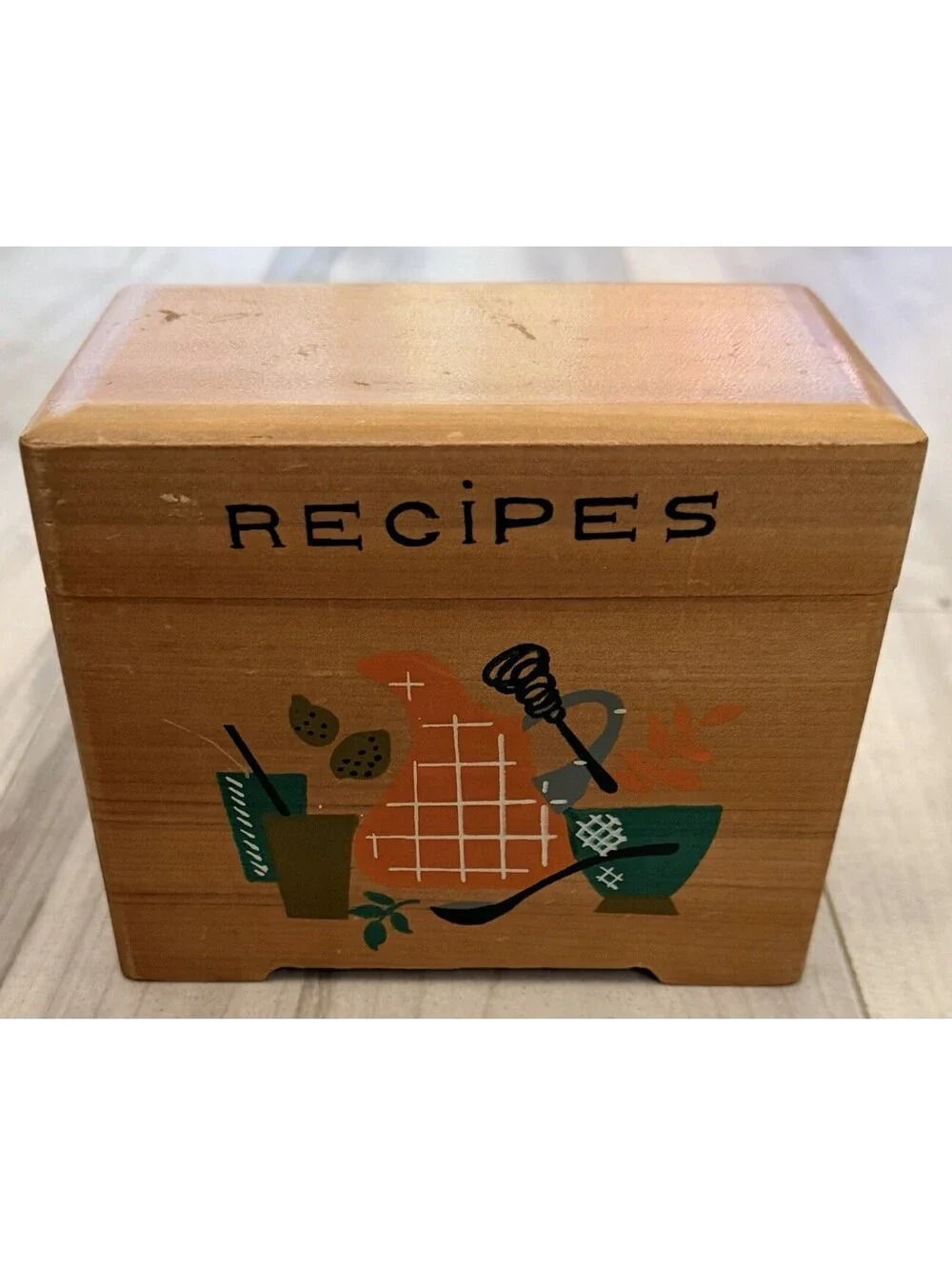 Wooden Recipe Box Vintage MCM Nevco Japan Kitchen Scene